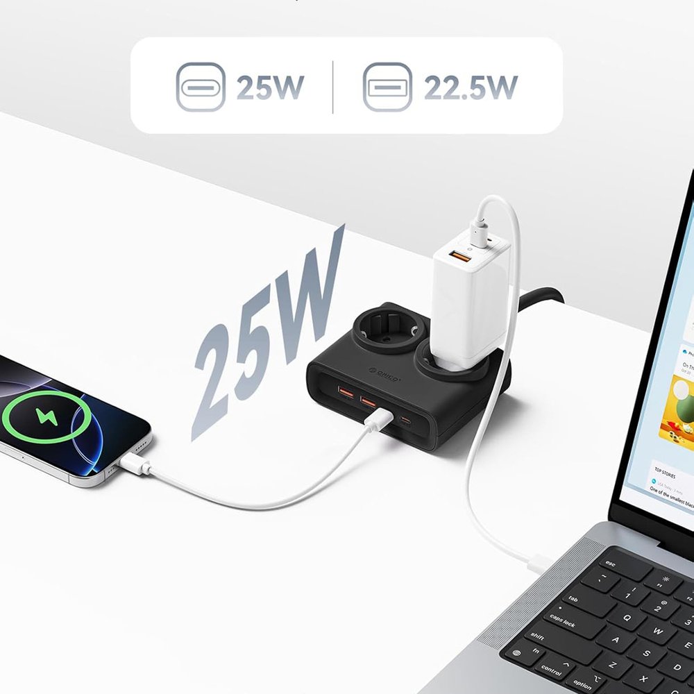 Orico PDC25 25 W 6 viename maitinimo ilgintuvas su 2×AC, 2×USB-A ir 2×USB-C – juodas - Image 3