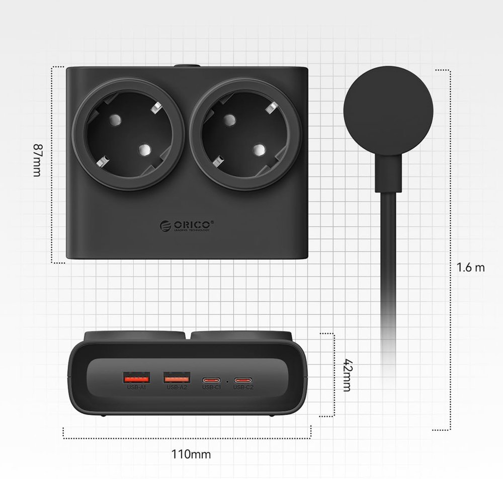Orico PDC25 25 W 6 viename maitinimo ilgintuvas su 2×AC, 2×USB-A ir 2×USB-C – juodas - Image 5