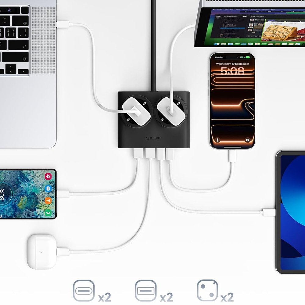 Orico PDC25 25 W 6 viename maitinimo ilgintuvas su 2×AC, 2×USB-A ir 2×USB-C – juodas - Image 7