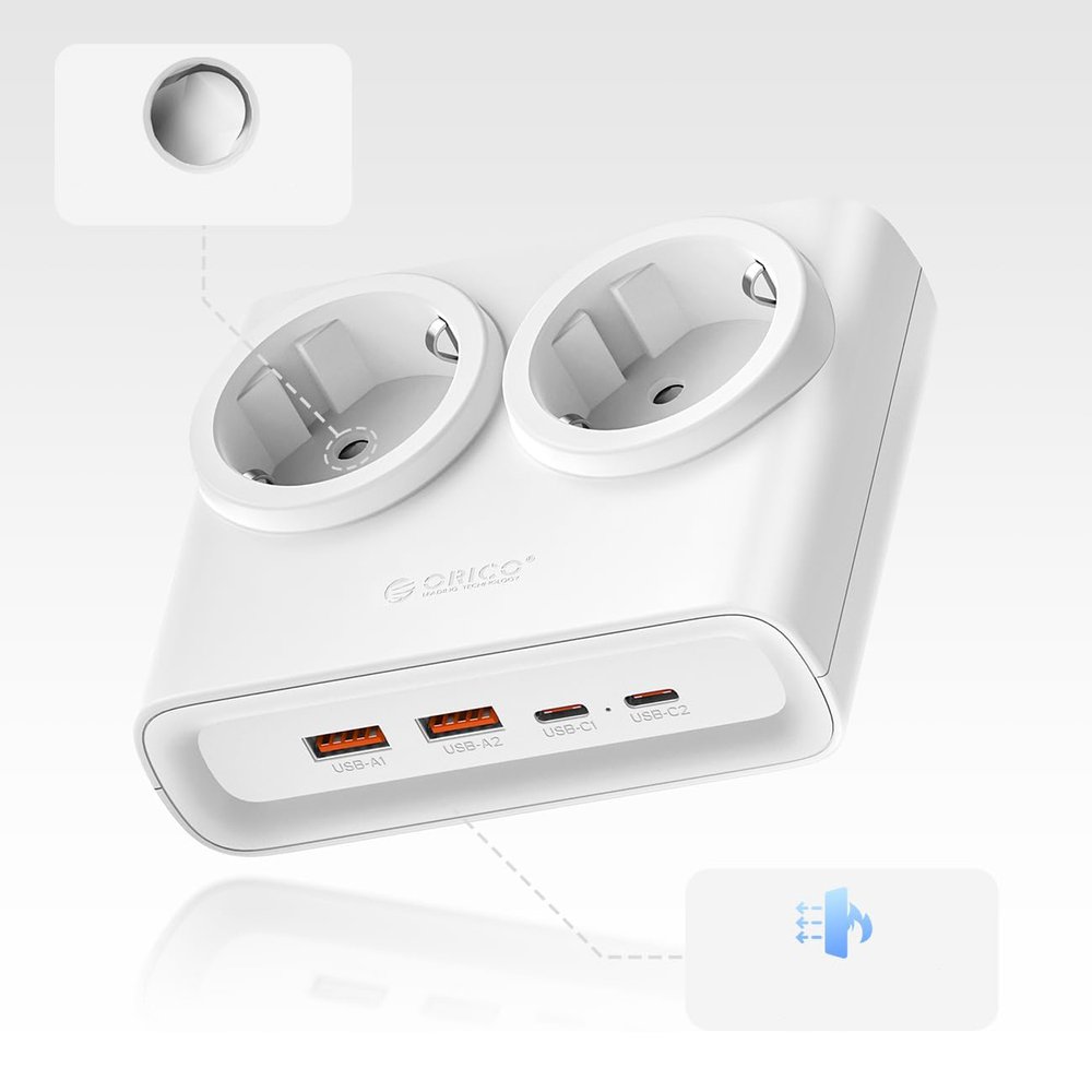 Orico PDC25 25 W 6 viename maitinimo ilgintuvas su 2×AC, 2×USB-A ir 2×USB-C – baltas - Image 2