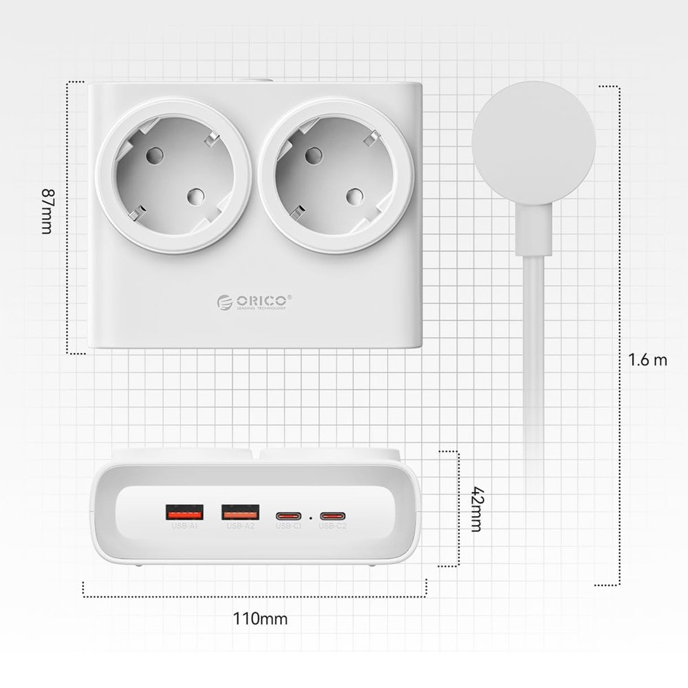 Orico PDC25 25 W 6 viename maitinimo ilgintuvas su 2×AC, 2×USB-A ir 2×USB-C – baltas - Image 4