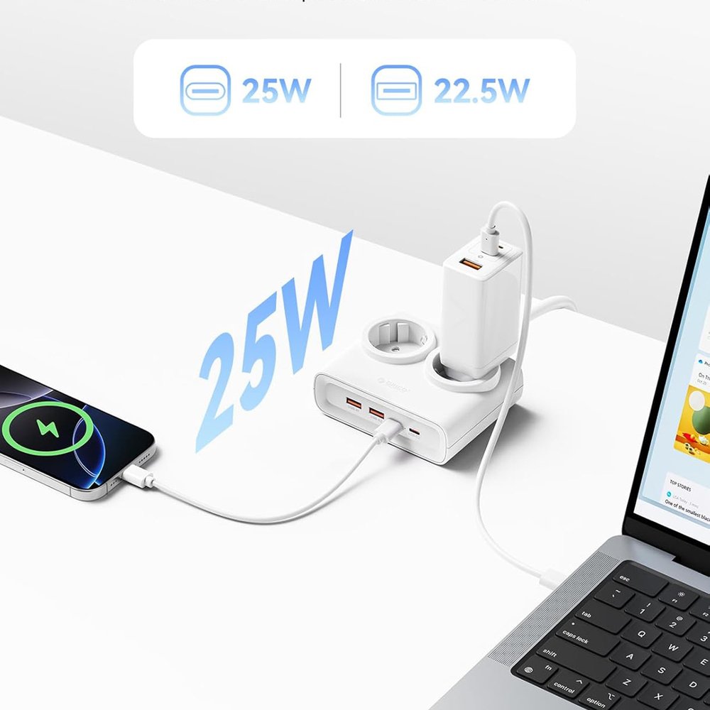 Orico PDC25 25 W 6 viename maitinimo ilgintuvas su 2×AC, 2×USB-A ir 2×USB-C – baltas - Image 5