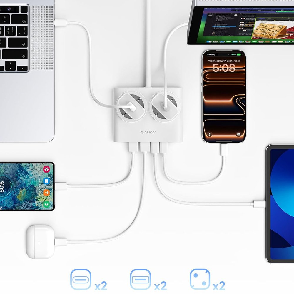 Orico PDC25 25 W 6 viename maitinimo ilgintuvas su 2×AC, 2×USB-A ir 2×USB-C – baltas - Image 6