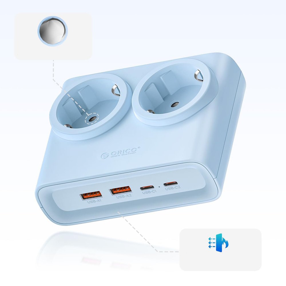 Orico PDC25 25 W 6 viename maitinimo ilgintuvas su 2×AC, 2×USB-A ir 2×USB-C – mėlynas - Image 3