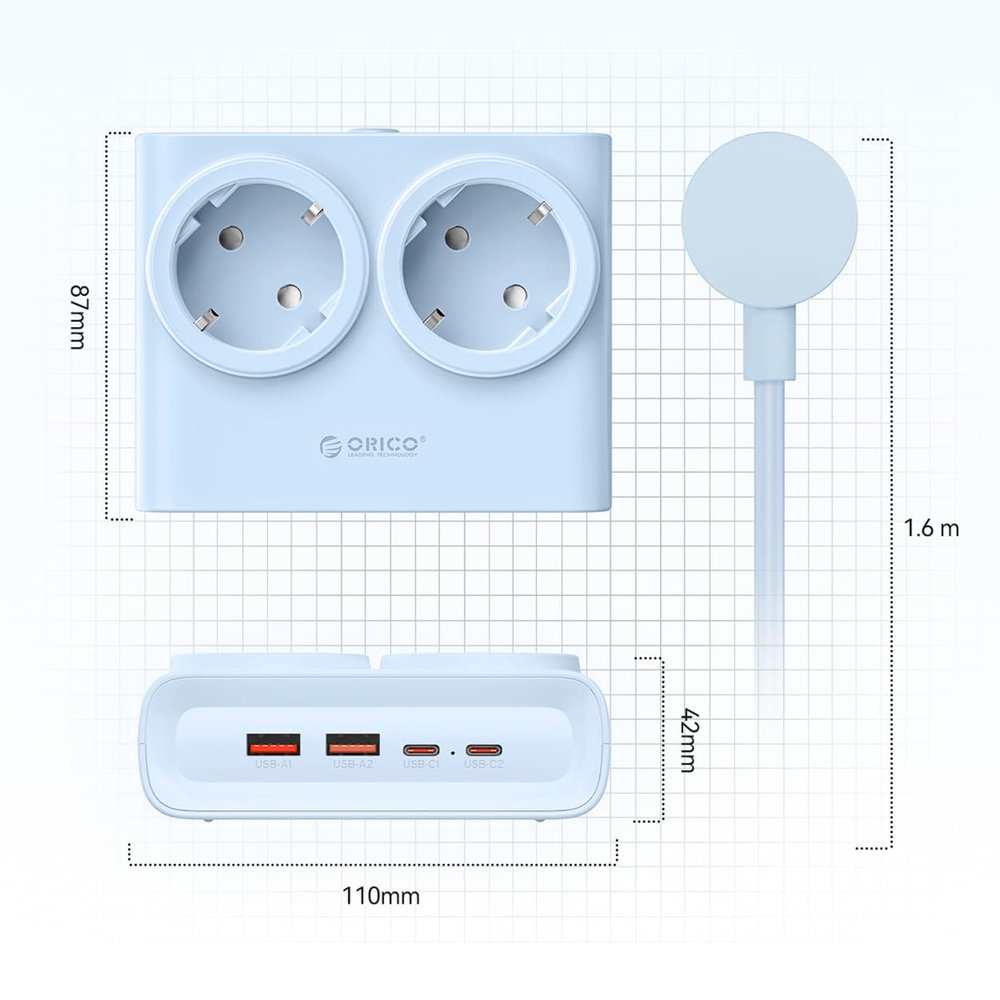 Orico PDC25 25 W 6 viename maitinimo ilgintuvas su 2×AC, 2×USB-A ir 2×USB-C – mėlynas - Image 4