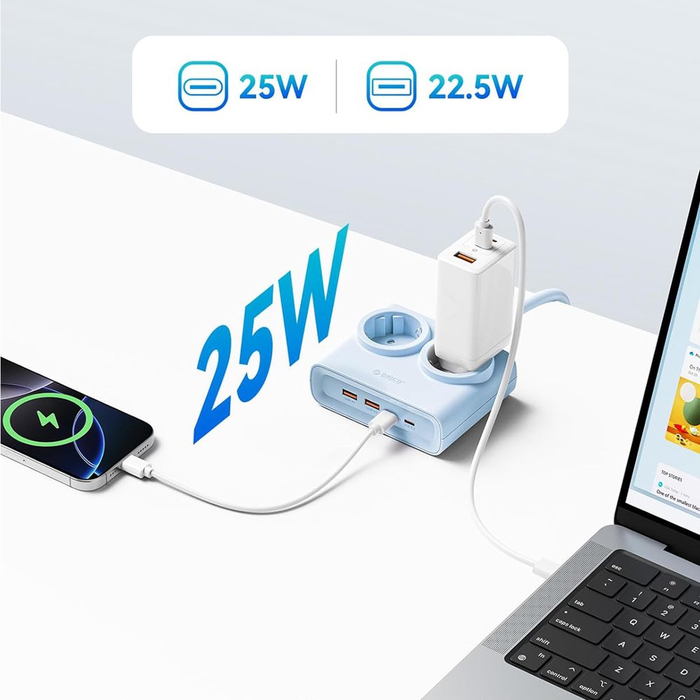 Orico PDC25 25 W 6 viename maitinimo ilgintuvas su 2×AC, 2×USB-A ir 2×USB-C – mėlynas - Image 5