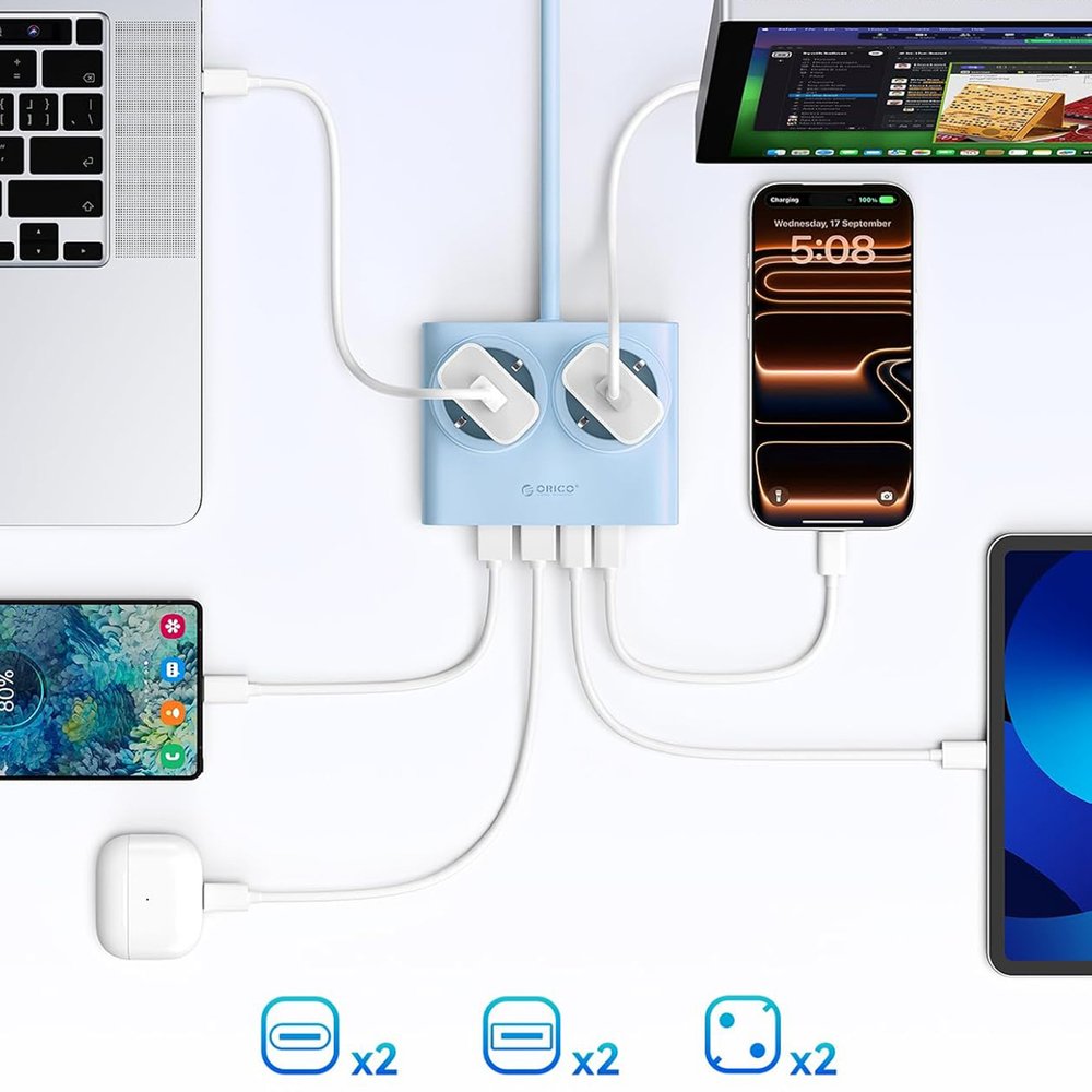 Orico PDC25 25 W 6 viename maitinimo ilgintuvas su 2×AC, 2×USB-A ir 2×USB-C – mėlynas - Image 6
