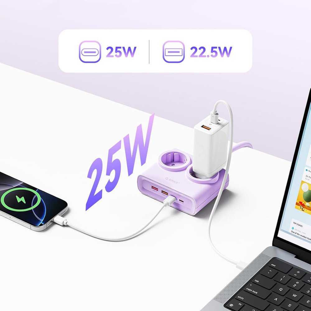 Orico PDC25 25 W 6 viename maitinimo ilgintuvas su 2×AC, 2×USB-A ir 2×USB-C – violetinis - Image 3