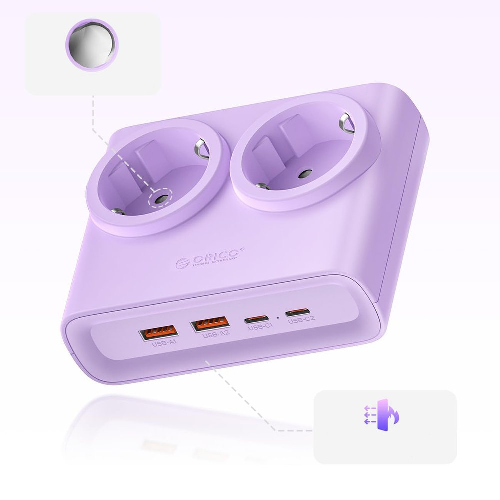 Orico PDC25 25 W 6 viename maitinimo ilgintuvas su 2×AC, 2×USB-A ir 2×USB-C – violetinis - Image 4