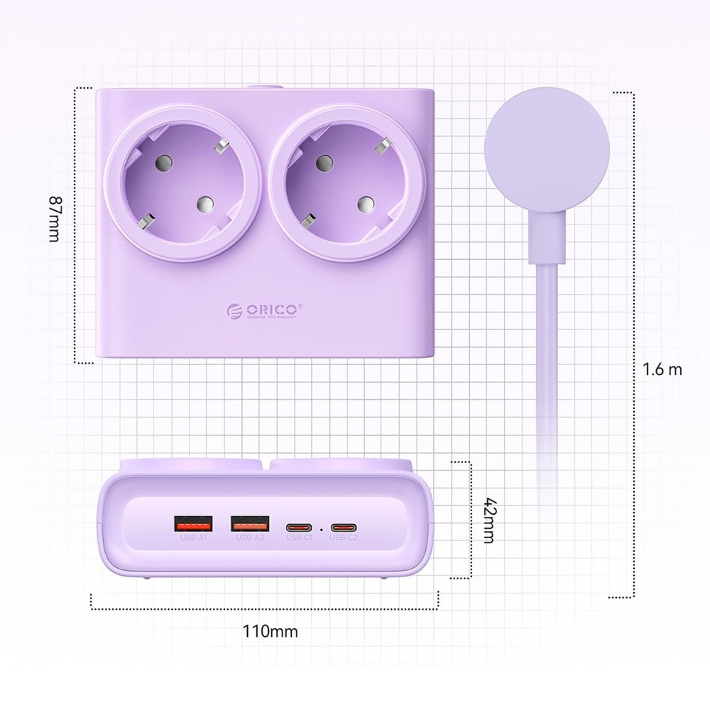 Orico PDC25 25 W 6 viename maitinimo ilgintuvas su 2×AC, 2×USB-A ir 2×USB-C – violetinis - Image 5