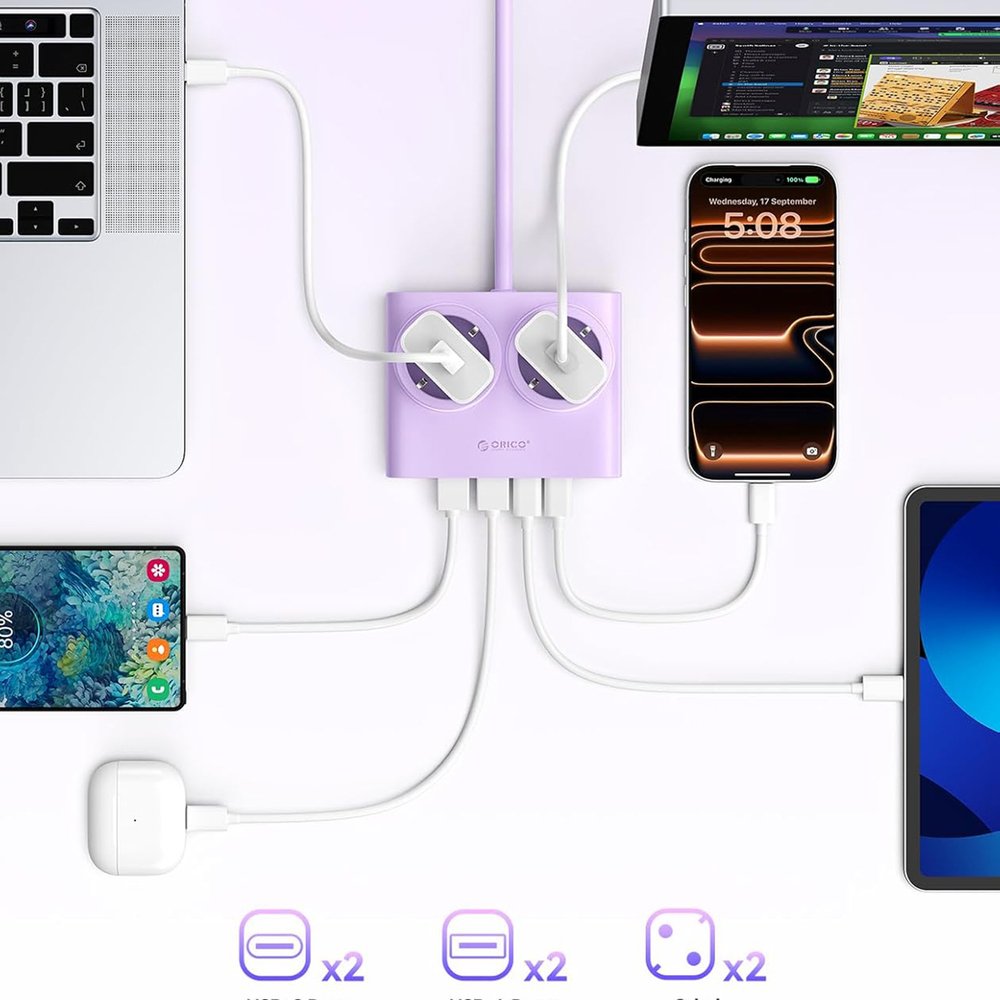 Orico PDC25 25 W 6 viename maitinimo ilgintuvas su 2×AC, 2×USB-A ir 2×USB-C – violetinis - Image 7