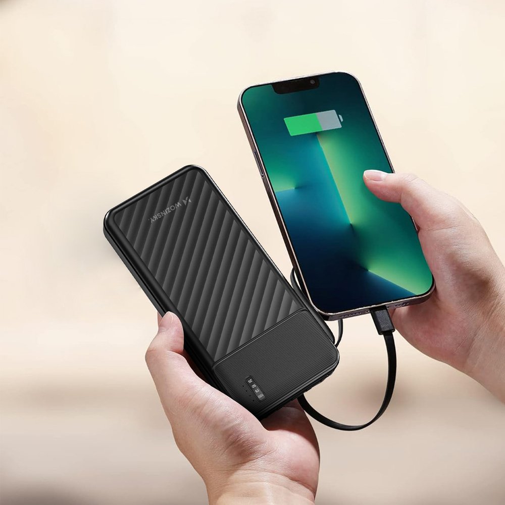 Wozinsky W11-B 10000 mAh 10 W išorinė baterija su integruotais laidais ir žibintuvėliu – juoda - Image 3