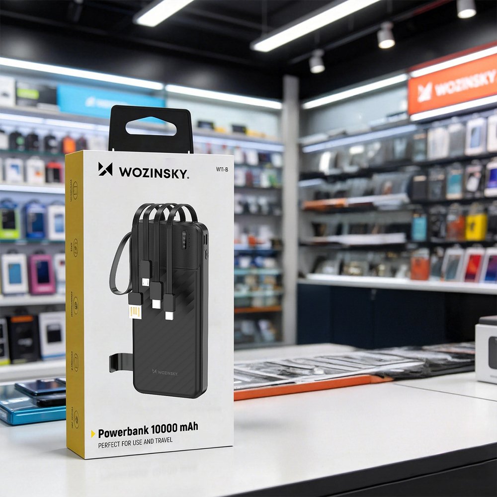 Wozinsky W11-B 10000 mAh 10 W išorinė baterija su integruotais laidais ir žibintuvėliu – juoda - Image 6