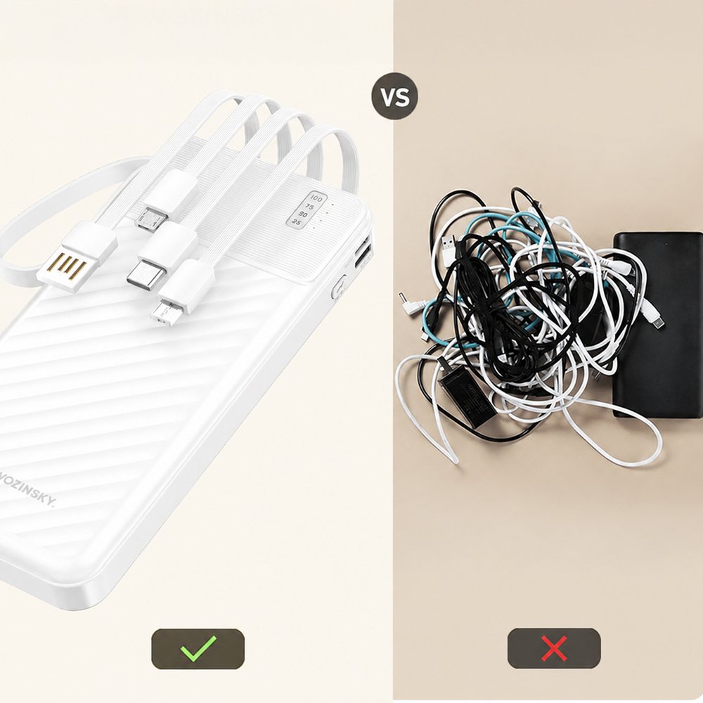 Wozinsky W11-W 10000 mAh 10 W išorinė baterija su integruotais laidais ir žibintuvėliu – balta - Image 5