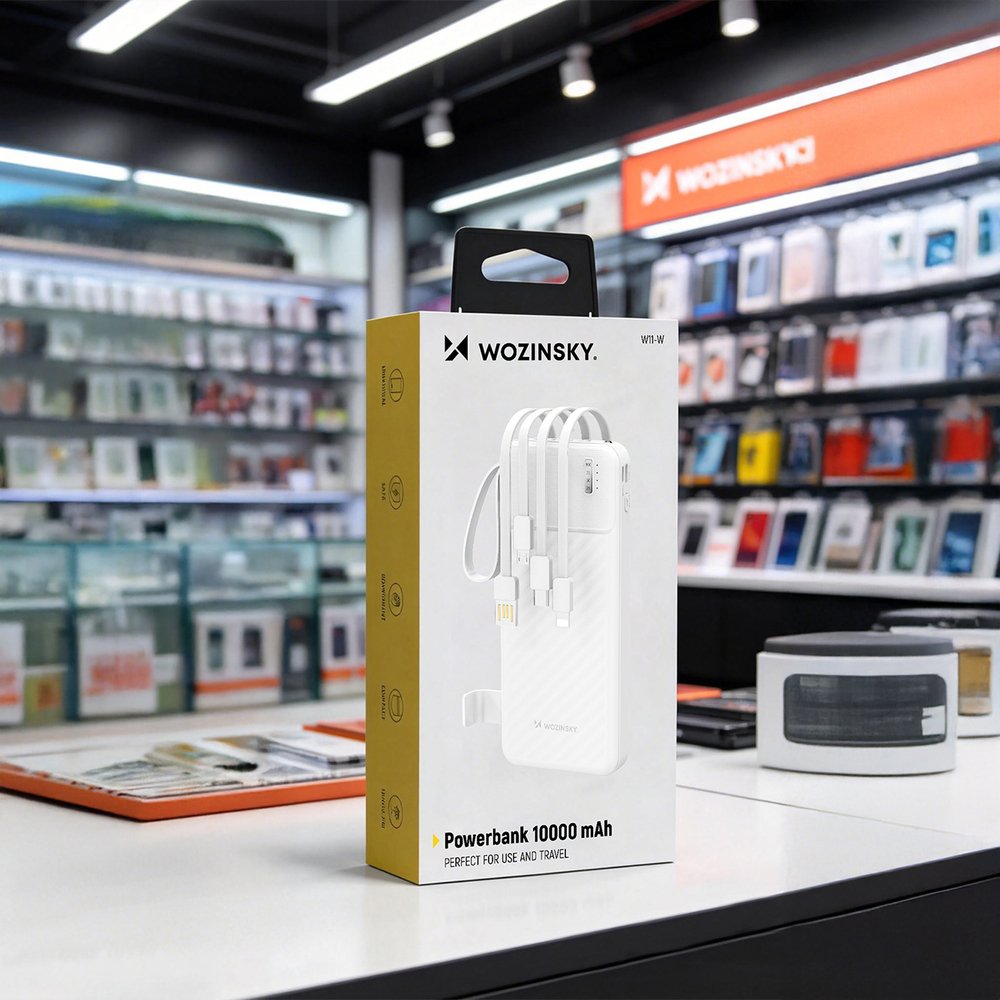 Wozinsky W11-W 10000 mAh 10 W išorinė baterija su integruotais laidais ir žibintuvėliu – balta - Image 6