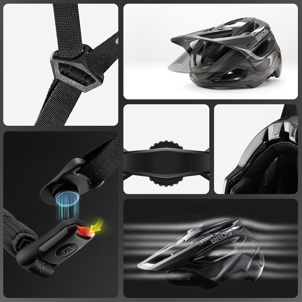 Rockbros LK-99 kalnų dviračio šalmas su reguliuojamu skydeliu ir magnetiniu užsegimu 58–62 cm – juodas - Image 5