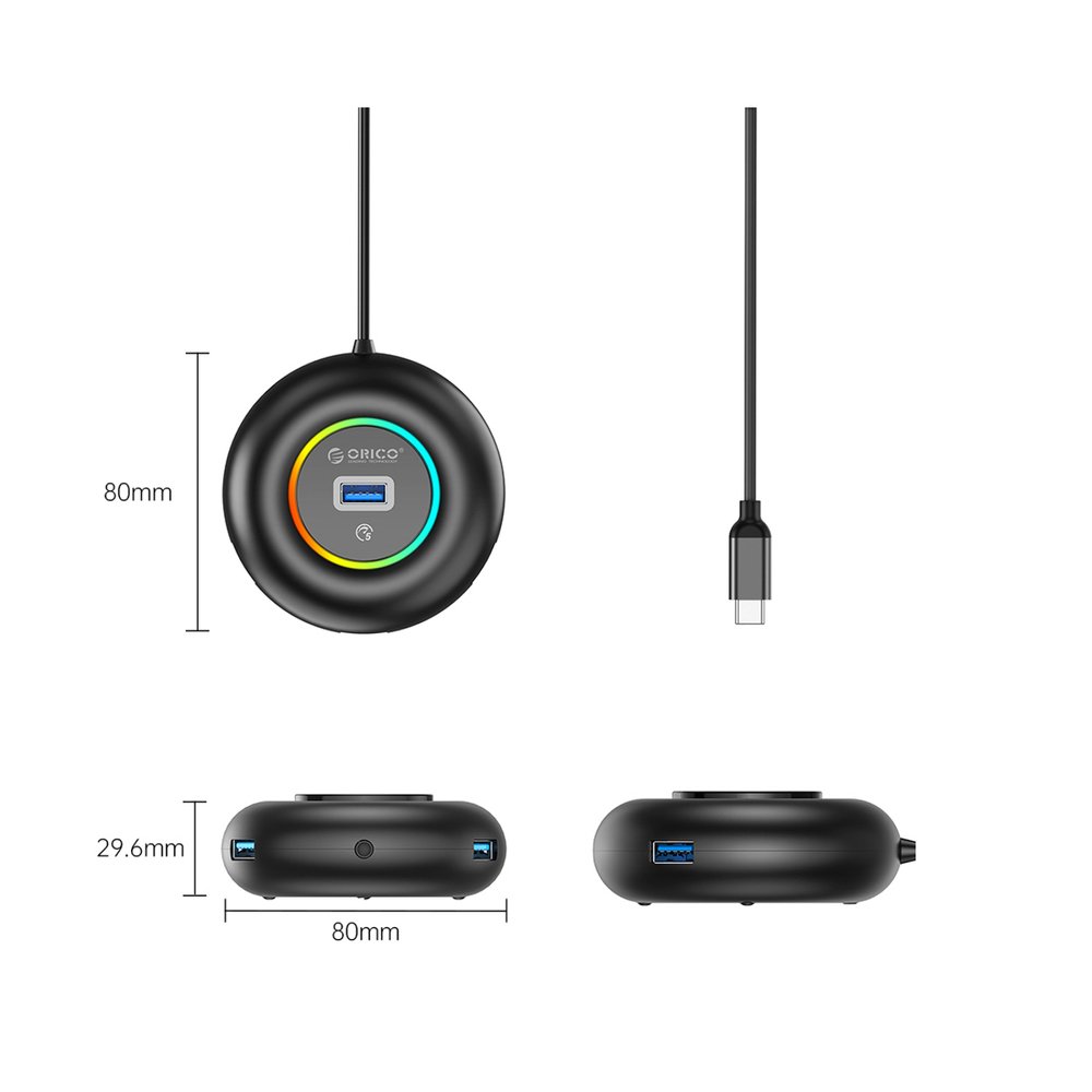 Orico YXR4-C3 RGB USB šakotuvas 4×USB-A 3.0 su garso ir mikrofono jungtimi, 1,8 m – juodas - Image 2