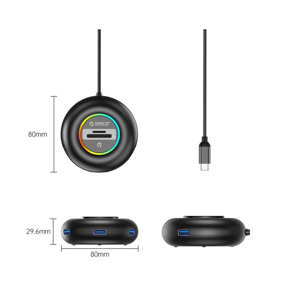 Orico YXR5-C3 RGB USB šakotuvas 4×USB-A 3.0 su SD ir microSD kortelių skaitytuvu, 1,8 m – juodas - Image 2