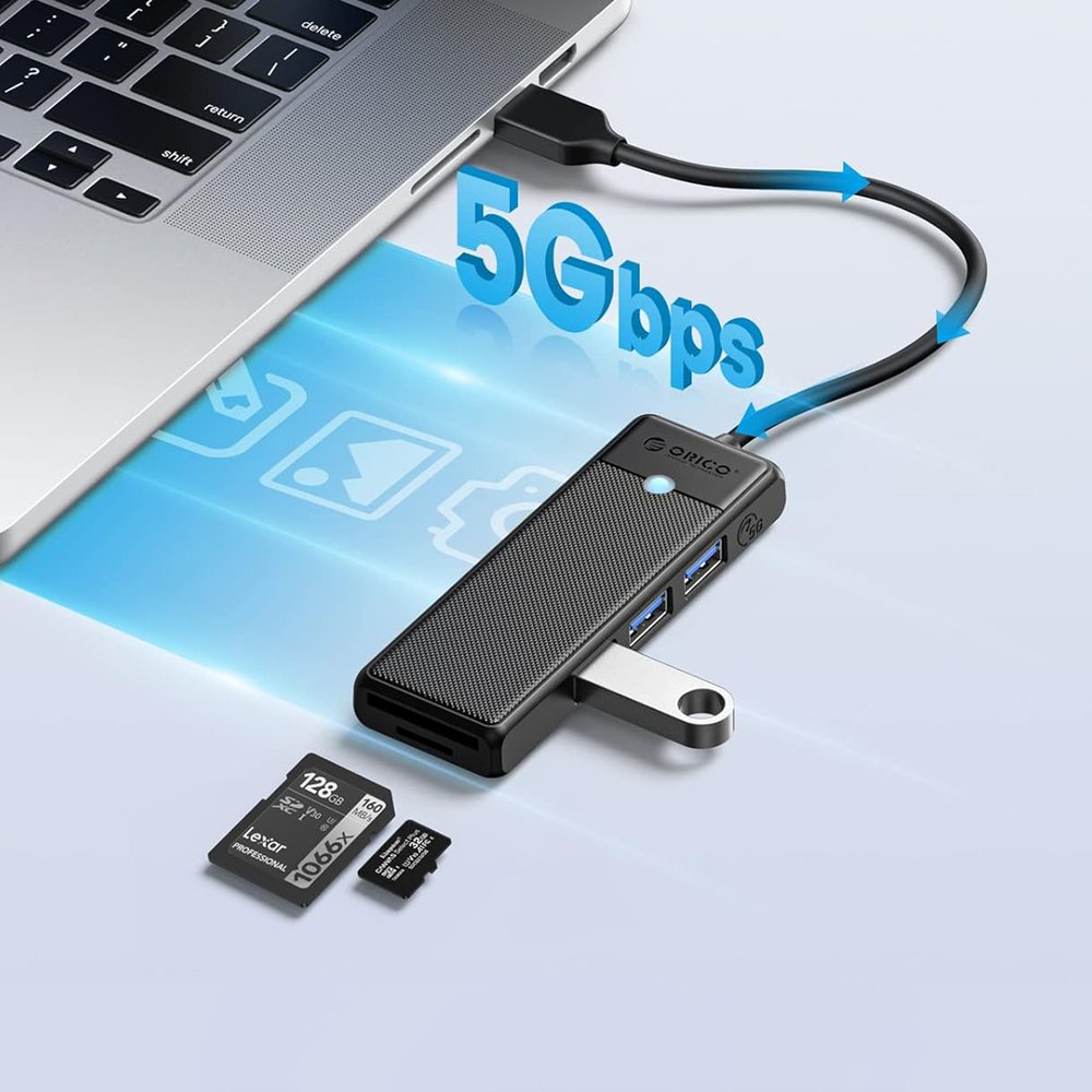 Orico PAPW3AT-U3 USB šakotuvas 4 prievadų (3×USB-A 3.0 su microSD/SD kortelių skaitytuvu), 1 m – juodas - Image 3