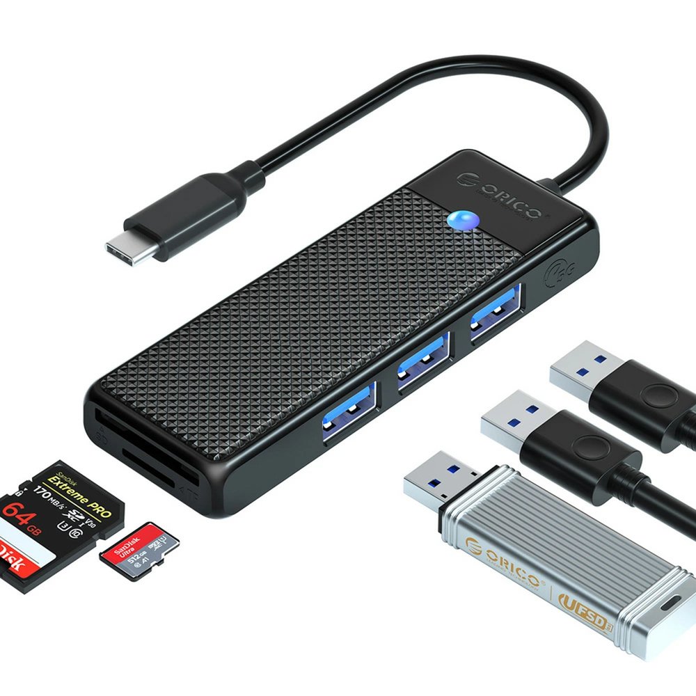 Orico PAPW3AT-U3 USB šakotuvas 4 prievadų (3×USB-A 3.0 su microSD/SD kortelių skaitytuvu), 1,8 m – juodas - Image 2