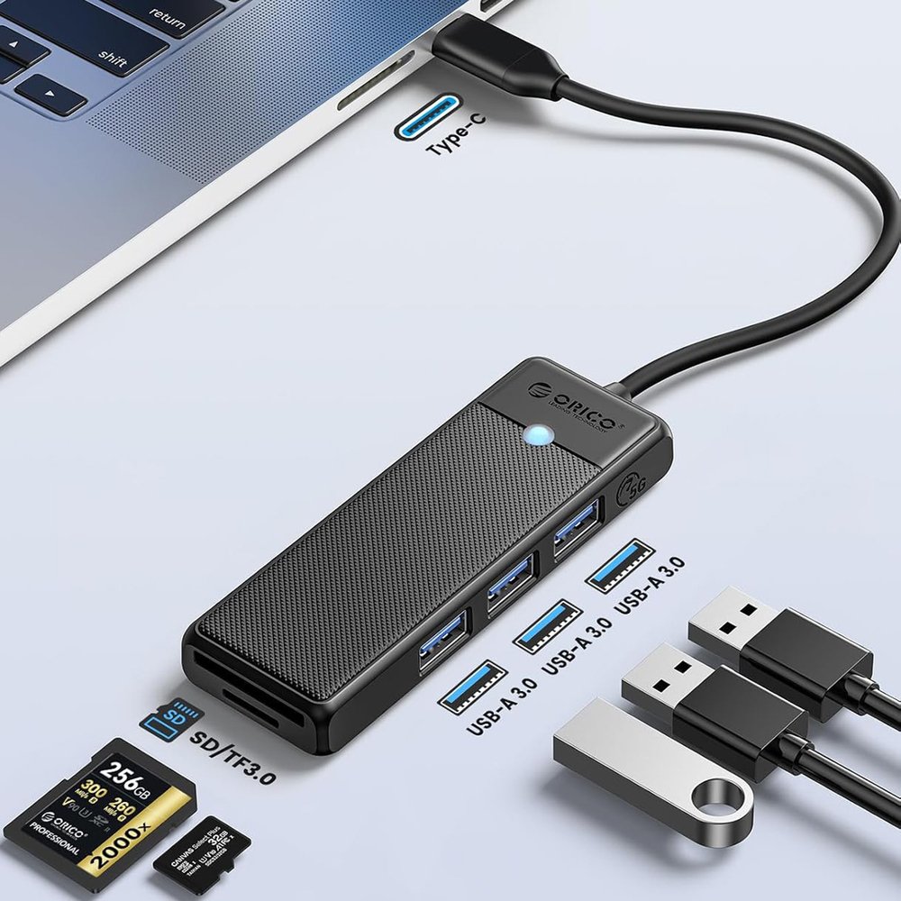 Orico PAPW3AT-U3 USB šakotuvas 4 prievadų (3×USB-A 3.0 su microSD/SD kortelių skaitytuvu), 1,8 m – juodas - Image 3