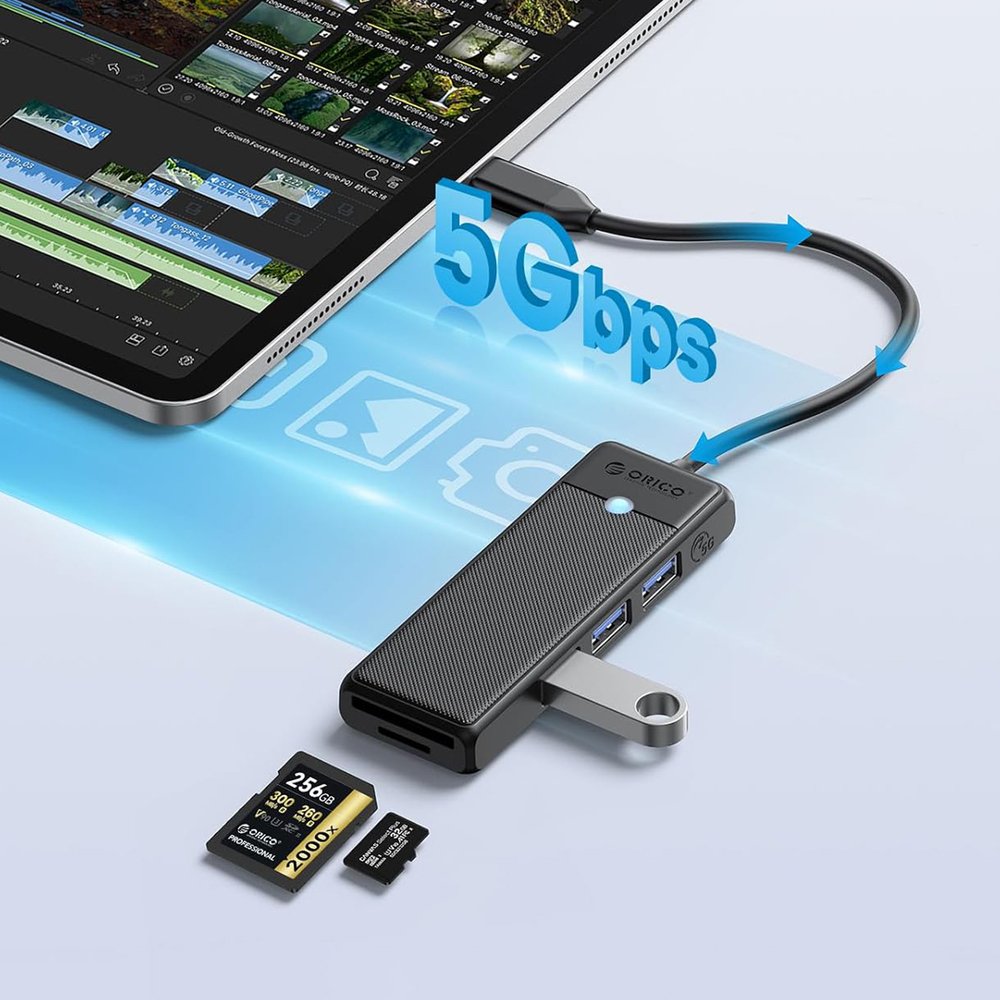 Orico PAPW3AT-U3 USB šakotuvas 4 prievadų (3×USB-A 3.0 su microSD/SD kortelių skaitytuvu), 1,8 m – juodas - Image 4