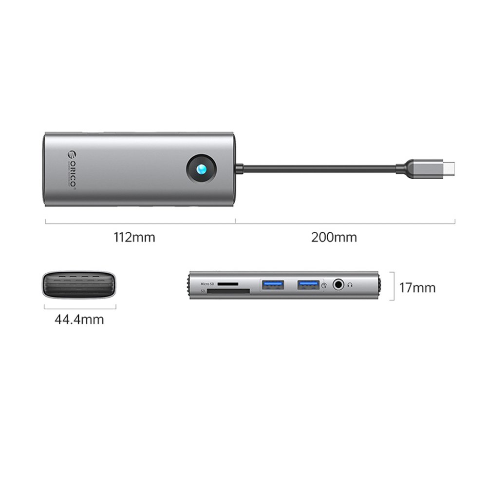 Orico PW11 8 viename USB-C prijungimo stotelė (2×USB-A 3.0, USB-C PD 100 W, HDMI 4K 60 Hz, microSD/SD, RJ45 Gigabit Ethernet, 3,5 mm garso jungtis) – pilka - Image 2