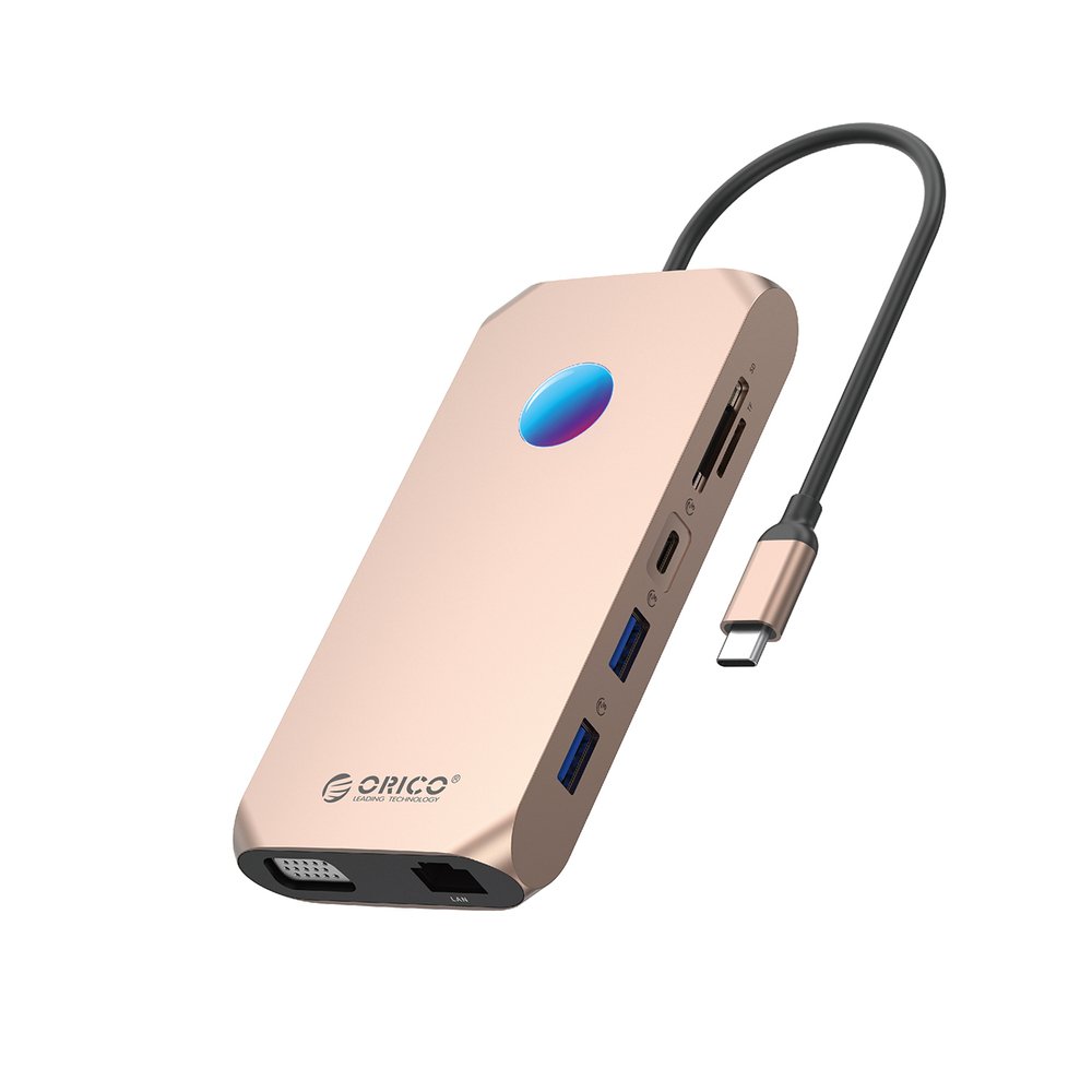 Orico XCR 12in1 RGB USB-C Docking Station 2x USB-A 3.1 1x USB-A 2.0 1x USB-C PD 100W 1x USB-C 3.1 2x HDMI 2.0 4K 60Hz 1x VGA 1080p 1x microSD/SD 3.0 1x RJ Gigabit Ethernet 1x Audio CTIA 3.5mm - Rose Gold