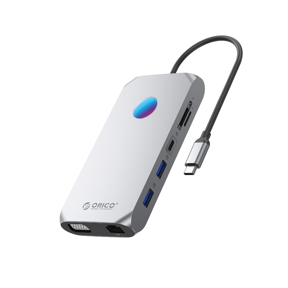 Orico XCR 12in1 RGB USB-C Docking Station 3x USB-A 3.1 1x USB-A 2.0 1x USB-C PD 100 W 1x USB-C 3.1 1x HDMI 1.4 4K 30Hz 1x VGA 1080p 1x microSD/SD 3.0 1x RJ Gigabit Ethernet 1x Audio CTIA 3.5 mm - Gray