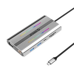 Orico XDR 12in1 RGB USB-C Docking Station USB-A USB-C PD 100W 2x HDMI 4K 60Hz VGA RJ45 Gigabit SD and microSD Card Reader - Gray