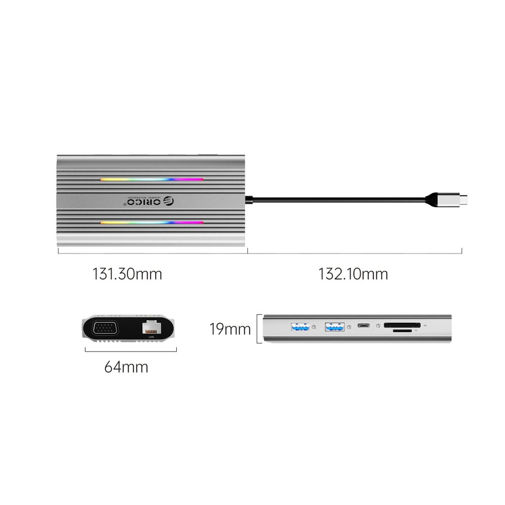 Orico XDR 12 viename RGB USB-C prijungimo stotelė (USB-A, USB-C PD 100 W, 2×HDMI 4K 60 Hz, VGA, RJ45 Gigabit Ethernet, SD ir microSD kortelių skaitytuvas) – pilka - Image 3