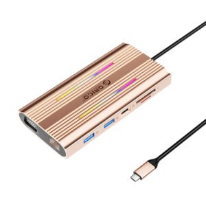 Orico XDR 12in1 RGB USB-C Docking Station USB-A USB-C PD 100W 2x HDMI 4K 60Hz VGA RJ45 Gigabit SD and microSD Card Reader - Rose Gold