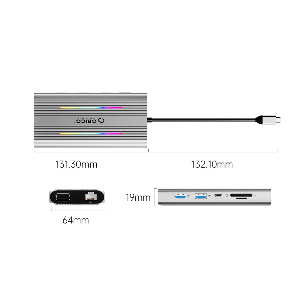 Orico XCR 12 viename RGB USB-C prijungimo stotelė (3×USB-A, USB-C PD 100 W, HDMI 4K, VGA, RJ45 Gigabit Ethernet, SD ir microSD kortelių skaitytuvas) – sidabrinė - Image 3