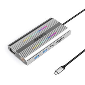 Orico XCR 12in1 RGB USB-C Docking Station 3x USB-A USB-C PD 100W HDMI 4K VGA RJ45 Gigabit SD and microSD Card Reader - Silver