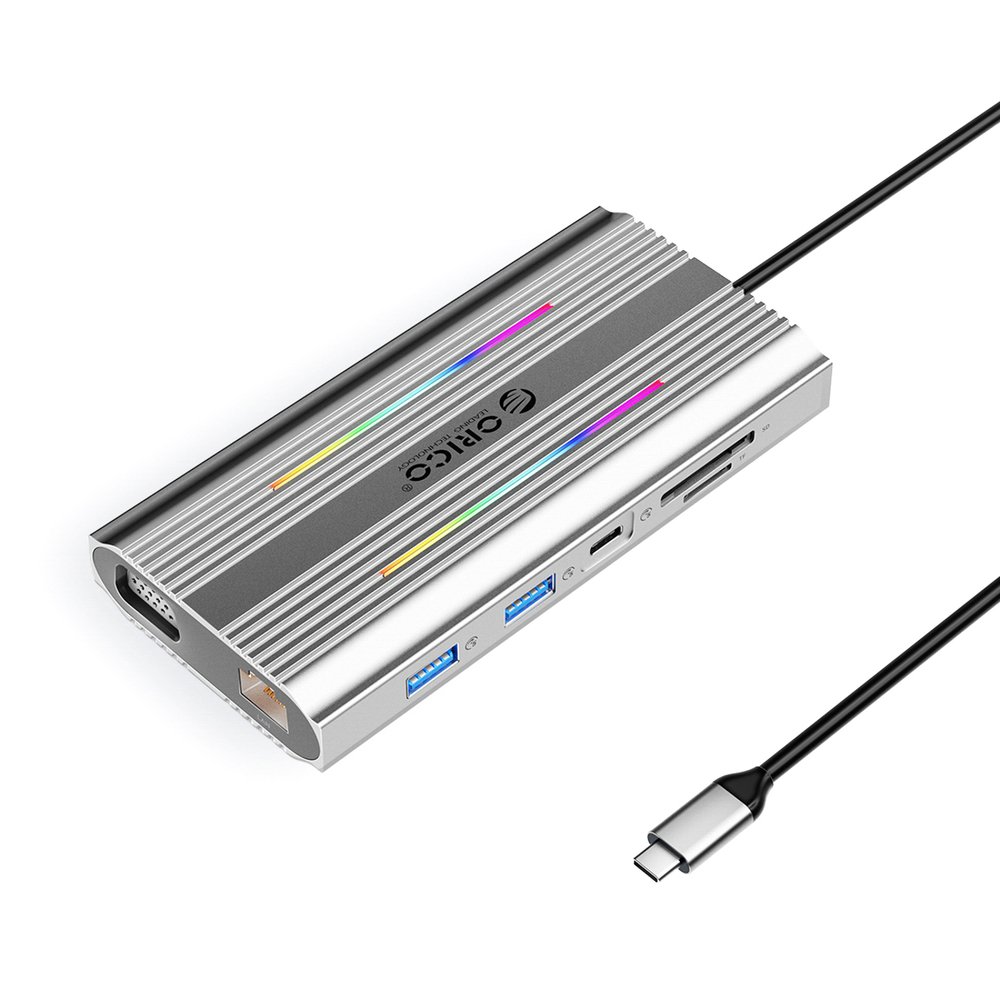 Orico XCR 12in1 RGB USB-C Docking Station 3x USB-A USB-C PD 100W HDMI 4K VGA RJ45 Gigabit SD and microSD Card Reader - Silver