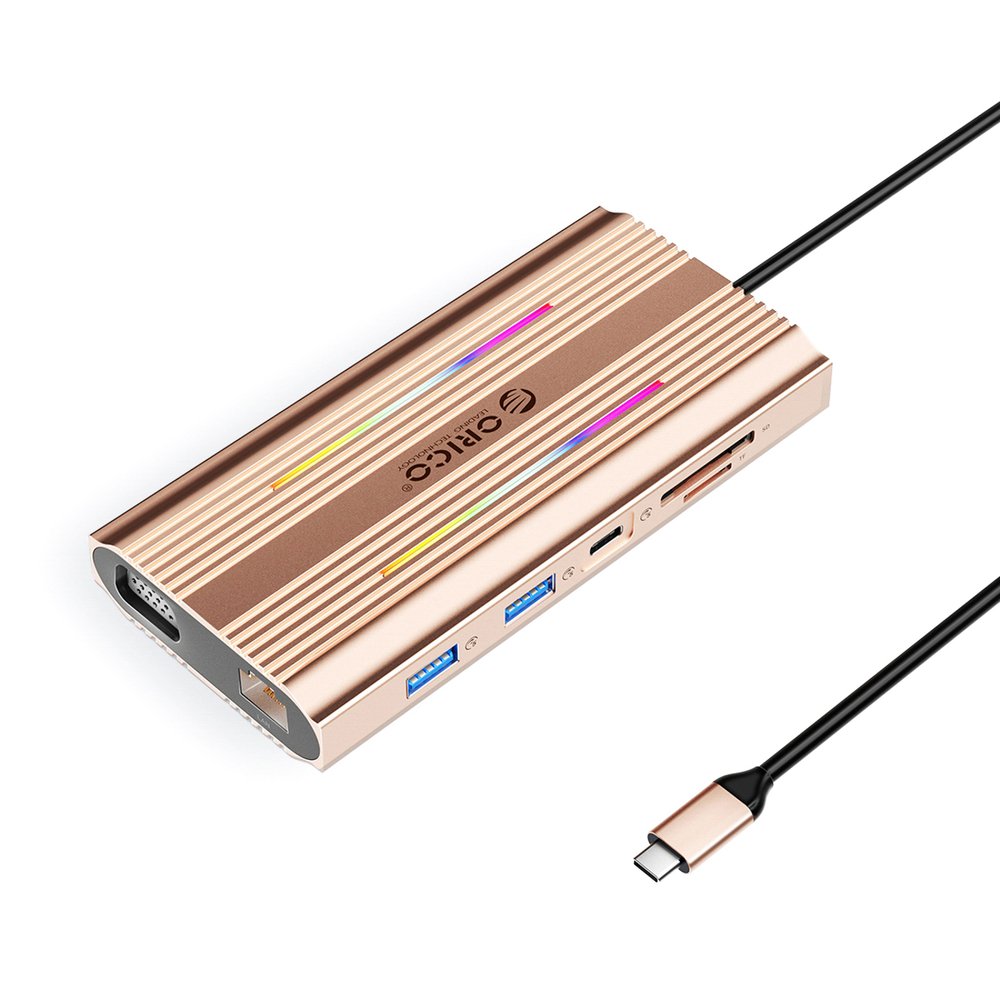 Orico XDR 12in1 RGB USB-C Docking Station 3x USB-A USB-C PD 100W HDMI 4K VGA RJ45 Gigabit SD and microSD Card Reader - Rose Gold