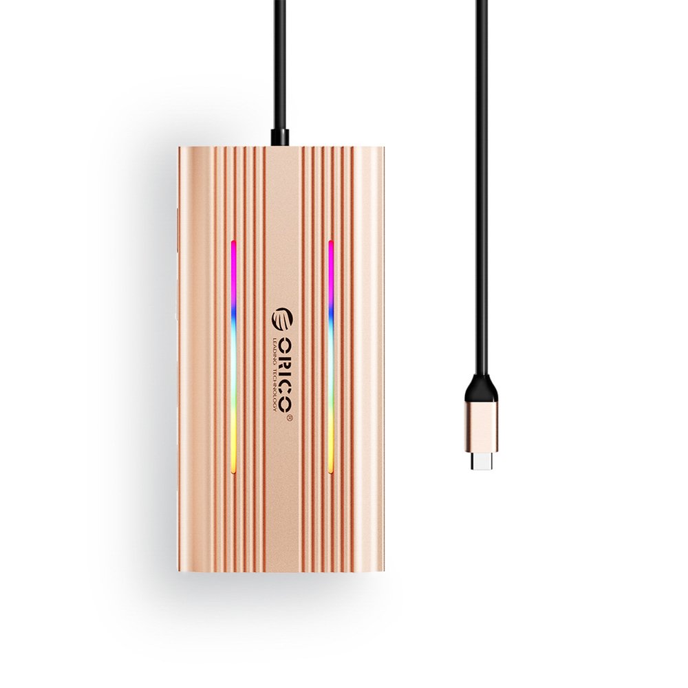 Orico XDR 12 viename RGB USB-C prijungimo stotelė (3×USB-A, USB-C PD 100 W, HDMI 4K, VGA, RJ45 Gigabit Ethernet, SD ir microSD kortelių skaitytuvas) – rožinio aukso - Image 2