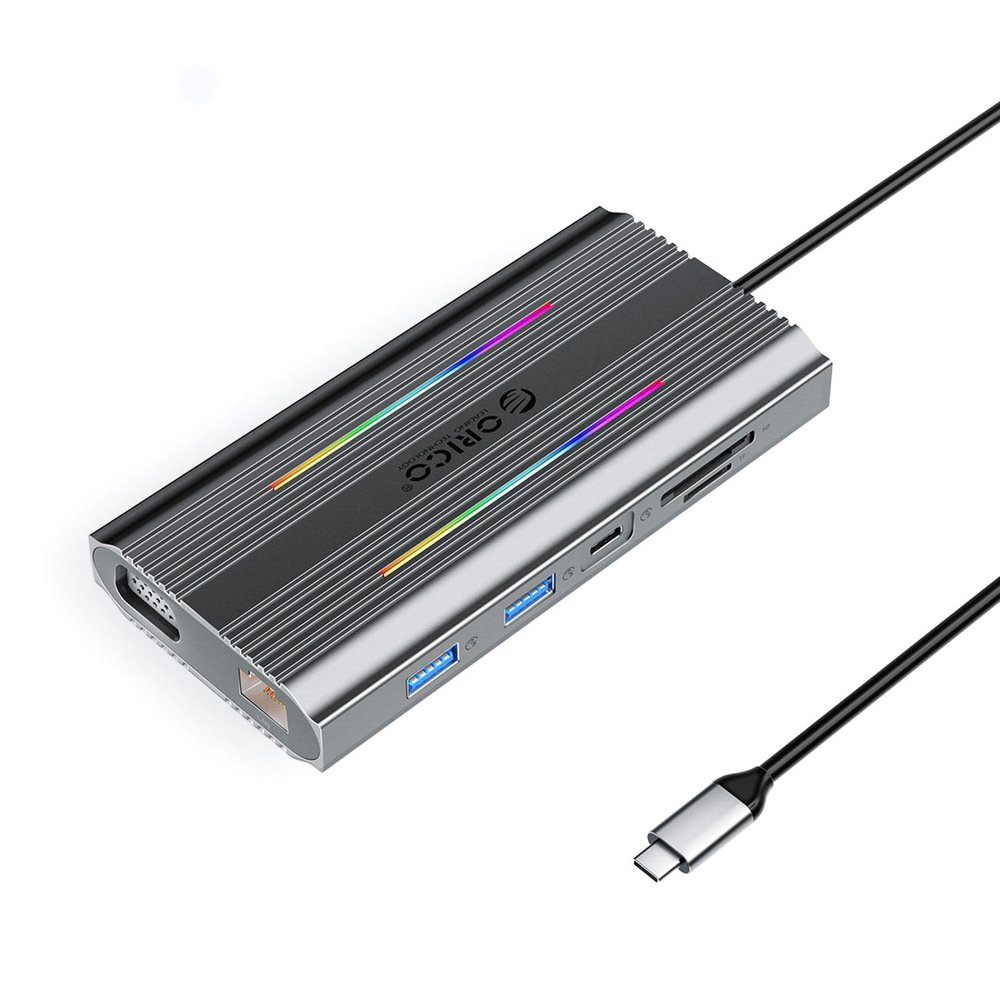 Orico XCR 12in1 RGB USB-C Docking Station 3x USB-A USB-C PD 100W HDMI 4K VGA RJ45 Gigabit SD and microSD Card Reader - Gray