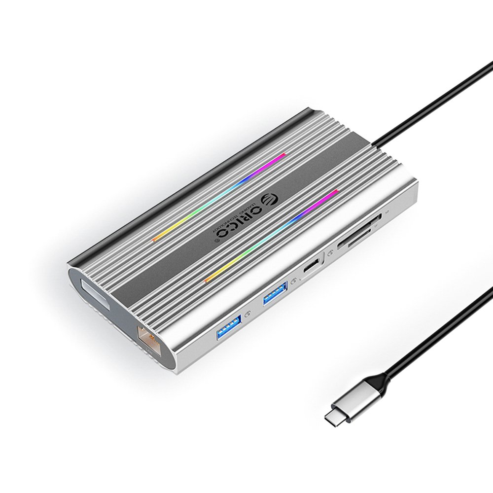 Orico XDR 12in1 RGB USB-C Docking Station USB-A USB-C 2x HDMI 4K 60 Hz DisplayPort 4K 60 Hz RJ45 Gigabit PD 100W SD and microSD Card Reader - Silver