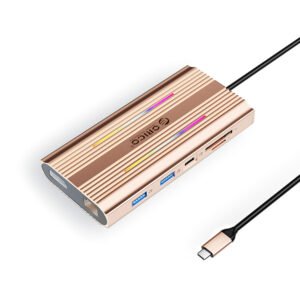 Orico XDR 12in1 RGB USB-C Docking Station USB-A USB-C 2x HDMI 4K 60 Hz DisplayPort 4K 60 Hz RJ45 Gigabit PD 100W SD and microSD Card Reader - Rose Gold