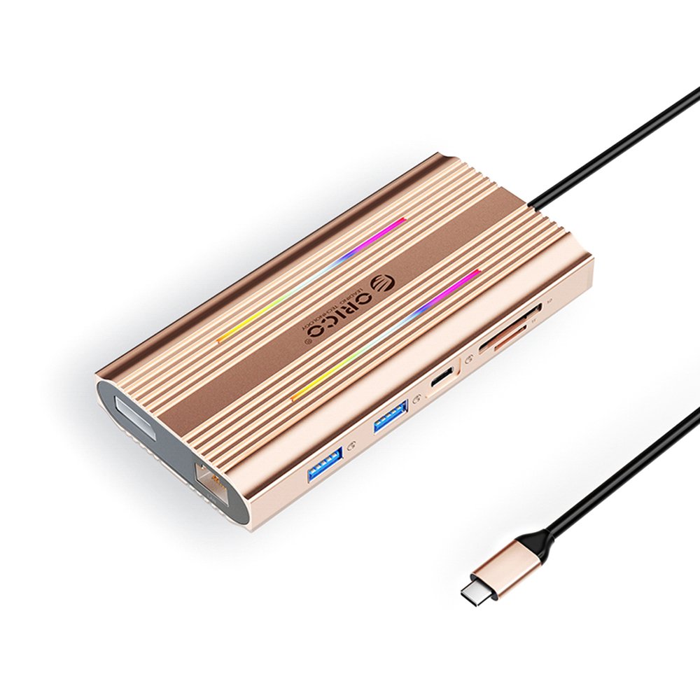 Orico XDR 12in1 RGB USB-C Docking Station USB-A USB-C 2x HDMI 4K 60 Hz DisplayPort 4K 60 Hz RJ45 Gigabit PD 100W SD and microSD Card Reader - Rose Gold