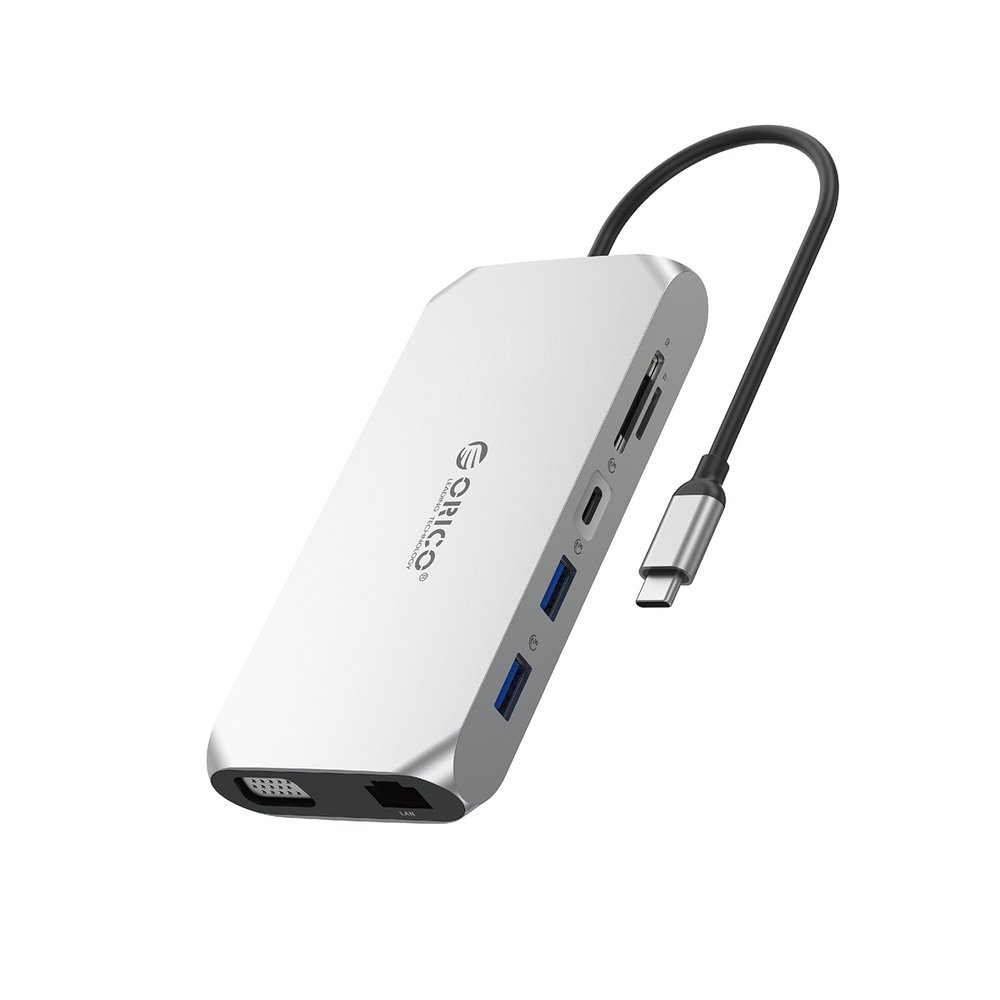 Orico XCR 12in1 USB-C Docking Station 3x USB-A 3.1 1x USB-A 2.0 1x USB-C PD 100 W 1x USB-C 3.1 1x HDMI 1.4 4K 30 Hz 1x VGA 1080p 1x SD 3.0 1x microSD 3.0 1x RJ45 Gigabit Ethernet 1x audio CTIA 3.5 mm - Silver