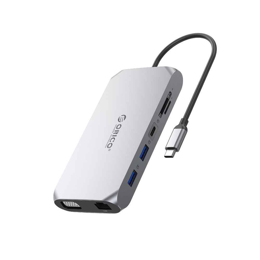 Orico XCR 12in1 USB-C Docking Station 3x USB-A 3.1 1x USB-A 2.0 1x USB-C PD 100W 1x USB-C 3.1 1x HDMI 1.4 4K 30 Hz 1x VGA 1080p 1x SD 3.0 1x microSD 3.0 1x RJ45 Gigabit Ethernet 1x audio CTIA 3.5 mm - Gray