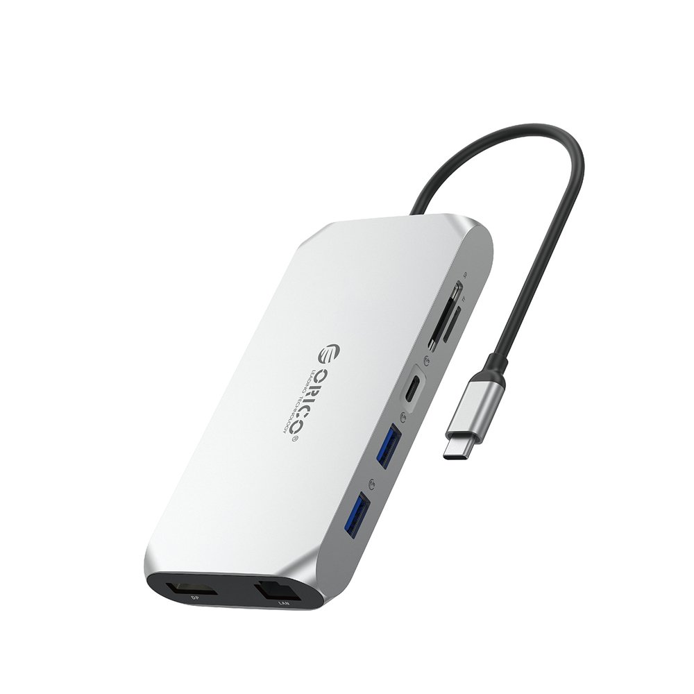 Orico XCR 12in1 USB-C Docking Station 2x USB-A 3.1 1x USB-A 2.0 1x USB-C PD 100W 1x USB-C 3.1 2x HDMI 2.0 4K 60 Hz 1x DisplayPort 1.4 4K 60 Hz 1x SD 3.0 1x microSD 3.0 1x RJ45 Gigabit Ethernet 1x audio CTIA 3.5 mm - silver
