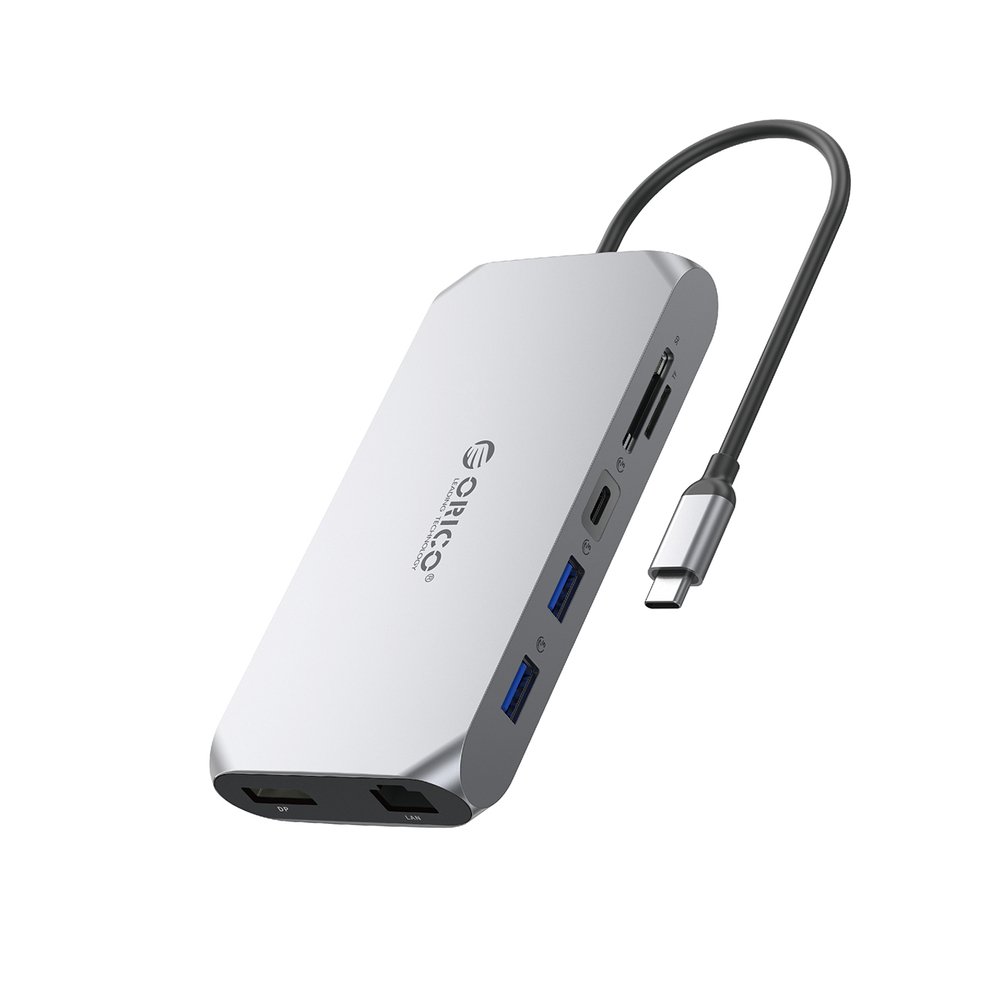 Orico XCR 12in1 USB-C Docking Station 2x USB-A 3.1 1x USB-A 2.0 1x USB-C PD 100W 1x USB-C 3.1 2x HDMI 2.0 4K 60Hz 1x DisplayPort 1.4 4K 60Hz 1x SD 3.0 1x microSD 3.0 1x RJ45 Gigabit Ethernet 1x audio CTIA 3.5mm - Gray