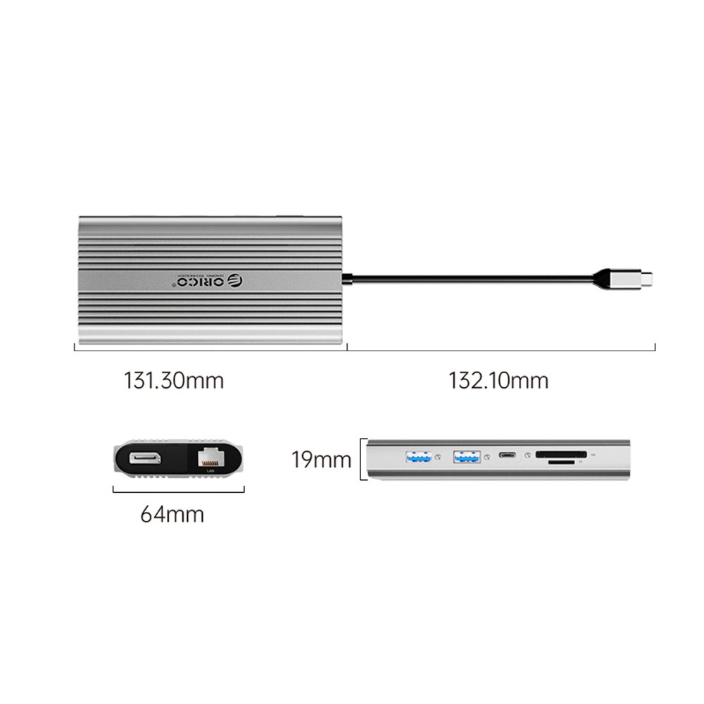 Orico XDR 12 viename USB-C prijungimo stotelė (USB-A, USB-C, 2×HDMI 4K 60 Hz, DisplayPort 4K 60 Hz, RJ45 Gigabit Ethernet, PD 100 W, SD ir microSD kortelių skaitytuvas) – sidabrinė - Image 2