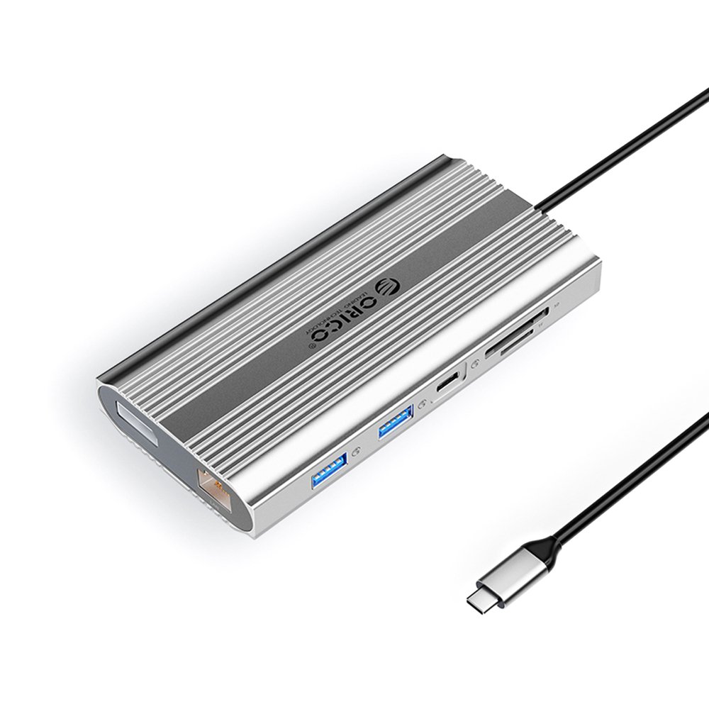 Orico XDR 12in1 USB-C Docking Station USB-A USB-C 2x HDMI 4K 60Hz DisplayPort 4K 60Hz RJ45 Gigabit PD 100W SD and microSD Card Reader - Silver