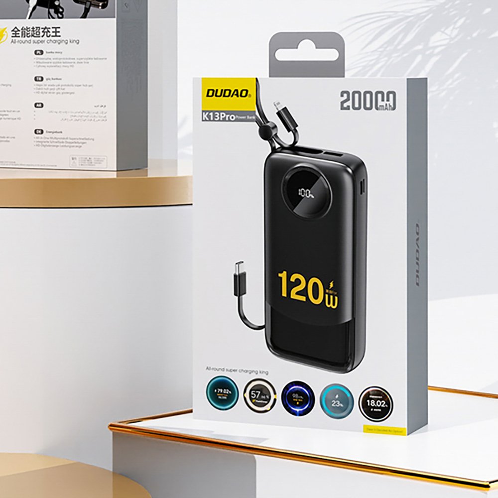 Dudao K13 10000 mAh išorinė baterija su integruotu laidu – juoda - Image 2
